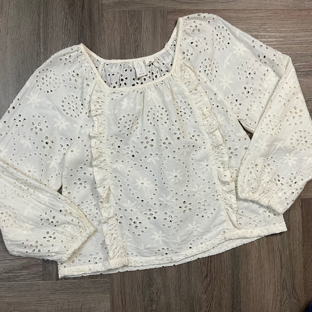 Joie Eyelet Long Sleeve Ruffle Trim Blouse Womens XS Ivory Cottagecore Boho - Picture 2 of 9